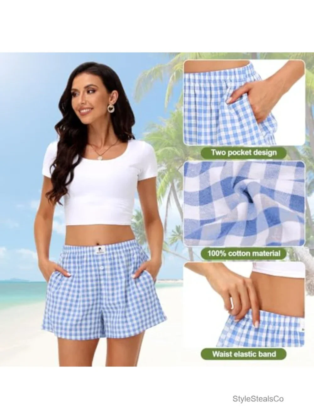 3pk Women Cotton Gingham Boxer Pajama Shorts with Pockets Y2K Lounge